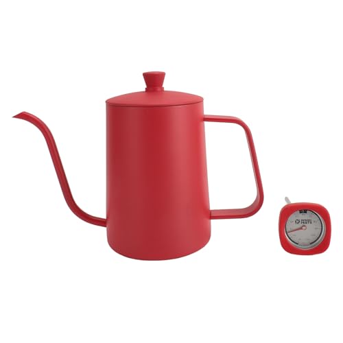 Ymiko Gooseneck Pour Over Kettle 600ml Stainless Steel Tea Pot with Temperature Gauge, Large Capacity Precision Spout for Coffee Brewing At Home Red