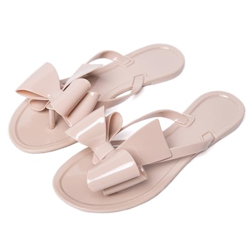 Image of Mtzyoa Women Flip-Flops Flat Sandals Jelly Bow Beach Flat Rivets Rain Cute Dressy Summer Sandals