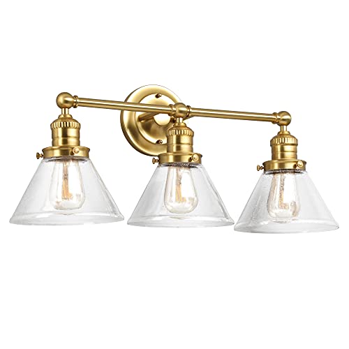 Image of Design House Augustin Vanity Light, 3-Light, Seeded Glass Warm Glow, Dimmable, Up /Down Glow, Easy Installation, E26 Socket, Satin Gold, 25.9 in L x 8.3 in D x 11.1 in H, 589036-SG