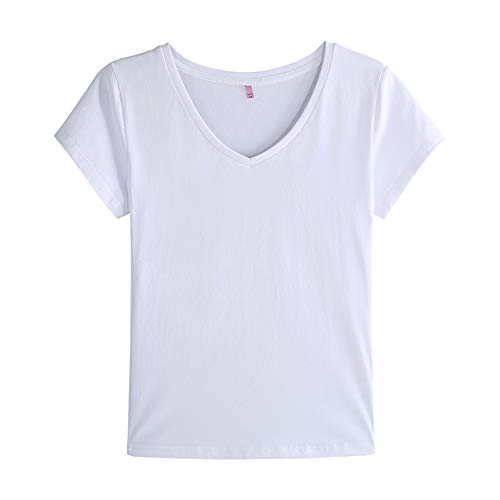 LOVFEE Women's Solid Color Short Sleeve t-Shirt (White/V-Neck, S)