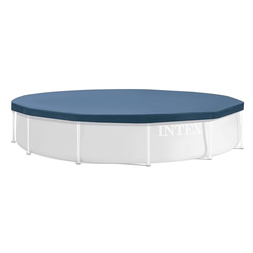 INTEX 28031E Pool Cover: For 12ft Round Metal Frame Pools Includes Rope Tie Drain Holes 10in Overhang Snug Fit