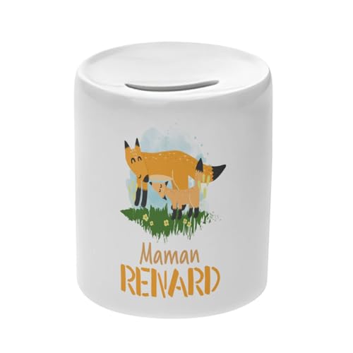 Tirelire Céramique Blanche - Maman Renard et Son Bébé Renard Dessin Illustration - Boîte à Monnaie avec Bouchon Décoration Chambre Imprimé en France