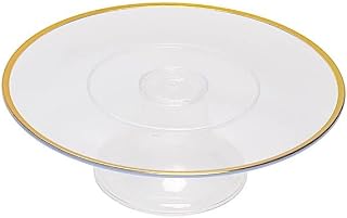 2 Clear 12 in Round Plastic Cake Stand Dessert Pedestal Gold Trim | Cupcake Stands Display Risers for Birthday Wedding Party Events Reception Buffet Catering Decorations Supplies
