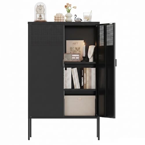Image of Metal Storage Cabinet,2 Door TV Stand, Metal Mesh Accent Cabinet