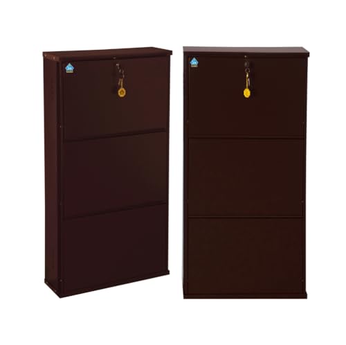 Image of DELITE KOM 20 Inch Wide, 3 Shelf Metal Shoe Rack Wall Mounted for Home with Central Lock | Holds Upto 8 Shoes or 12 Slippers Pair | 1 Year Warranty | (41 x 20 x 5 Inch, Coffee) | DIY | Space Saving