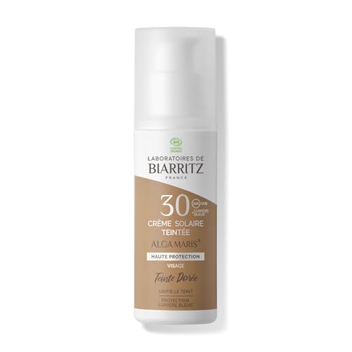 Laboratoires de Biarritz - Crème Solaire Visage Teintée Dorée - SPF30 - ALGA MARIS® Certifiée Bio - Protection Anti-UVA/UVB et Lumière Bleue - 50 ml - Fabriquée en France
