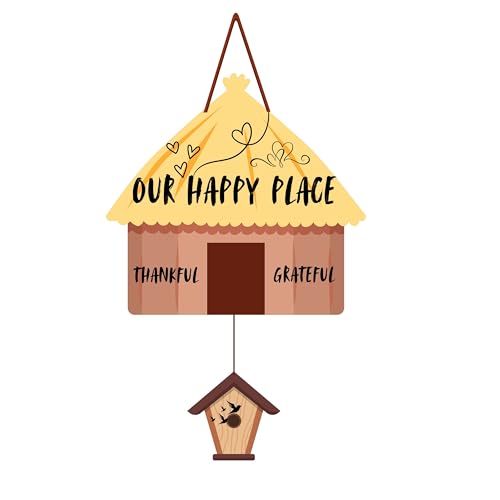 Image of GENXTRA Wooden Our Happy Place MDF Hut Wall Hanging - 50 cm Rustic Home Sign | Thankful & Grateful Decor for Home Entrance, Drawing Room, kitchen or Balcony | Decorative Plaques for Housewarming (HOME 01)