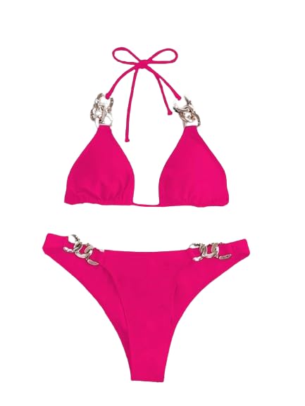 fimbul Chic Triangle Halter Bikini Set with Chain Ring Detail - V-Neck & Tie-Back Design - Women’s Elegant Beachwear Swimwear Pink-picture-26