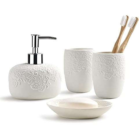 Bathroom Accessories Set with Embossed Design 4PCS, Ceramic White Bathroom Accessory Set, 1Pcs Bathroom Soap Dispenser 14oz, 2Pcs Tumbler Cup, 1Pcs Soap Dish, ANTIS'S HOME Cover