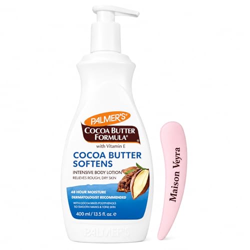 Palmers Cocoa Butter Body Lotion 400ml with Pump & Cosmetic Spatula Cocoa Butter Moisturiser with Vitamin E for Dry Skin 48Hr Hydration Smooths Marks & Evens Skin Tone