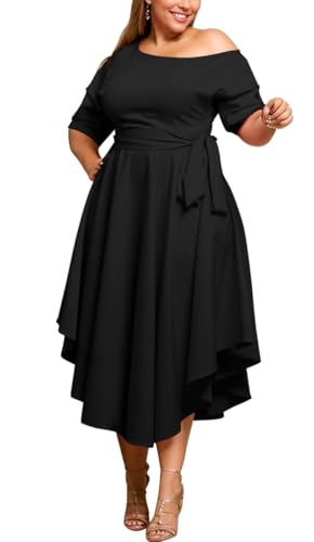 Plus Size Women Wedding Guest Dress Off Shoulder Boat Neck Irregularly Flowy Midi Church Dress
