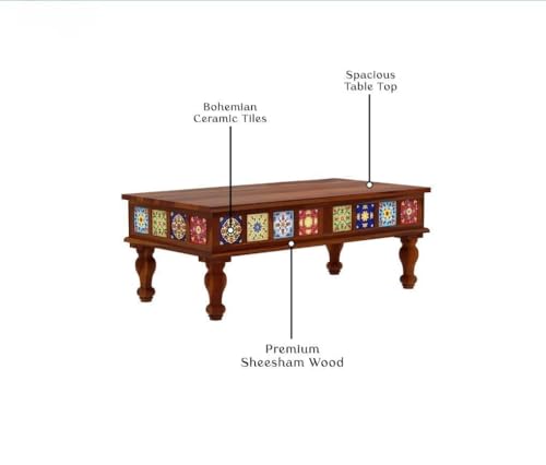 Image of Sheesham Wood Rectangle Center Coffee Table for Living Room | Centre Table for Drawing Room Office & Home | Multicolor Tile Design Wooden Coffee Table | Honey Finish