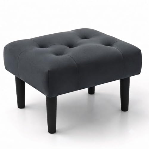 Image of Upholstered Foot Rest Ottoman Stool with Wooden Legs, Tufted Footstool for Living Room, Bedroom, Makeup Vanity, Entryway, Comfortable Footrest Bench, Modern Accent Ottoman (Grey)