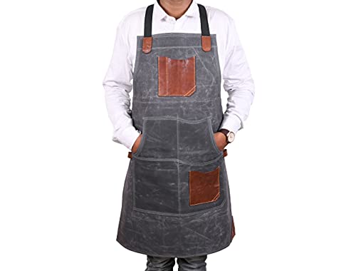 One Size Fits Utility Apron | Adjustable Cross-Back Straps | Multi-Use Shop Apron With Tool Pockets By Aaron Leather Goods (Grey, Canvas Leather)