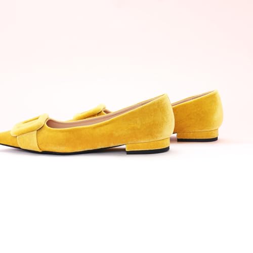 C.Paravano Women's Pointed Toe Flats | Velvet Slip-On Ballet Flats | Comfortable Work & Daily Wear Shoes (Yellow,Size 7.5)3