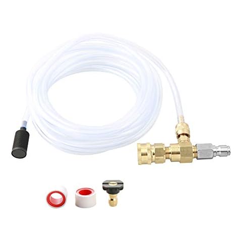 Sooprinse Chemical Injector Kit for High Pressure Washer, 4000 PSI Adjustable Soap Dispenser with a 1/4 Inch Black Soap Nozzle and Teflon Tape, 16 Ft Siphon Hose, 3/8 Inch Quick Connect Cover