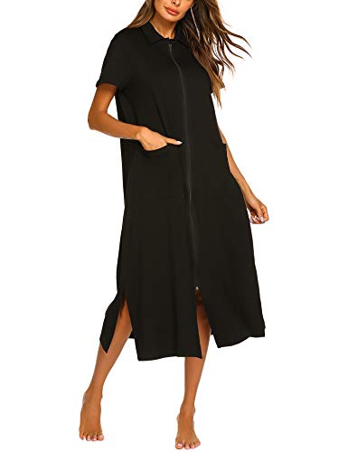 Ekouaer Women Zipper Robe Short Sleeve House Dress Full Length Sleepwear Duster Housecoat with Pockets S-XXL Black