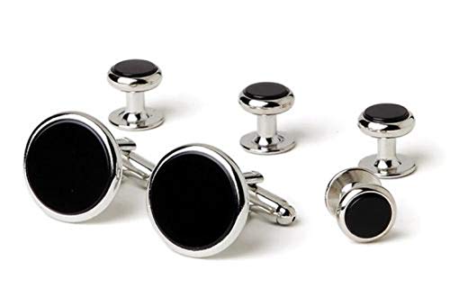Set Clásico de Mancuernillas y Botones de Onix Negro con Borde Plateado miniatura 1