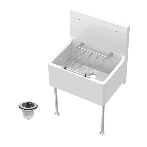 Balterley Utility Sink with Grill, Waste and Legs, Fireclay Ceramic Cleaner Sinks, Traditional Wall Mounted Tall Splashback Utility Outdoor Sink Unit for Garage & Laundry - 515 x 393 x 535mm (White)