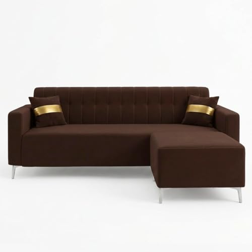 Image of FURNY Regan 4 Seater L Shape Sofa Set with Movable Ottoman | Flexible Left or Right Layout | Plush Velvet Fabric (Dark Brown) | Perfect for Living Room, Guest Room & Office