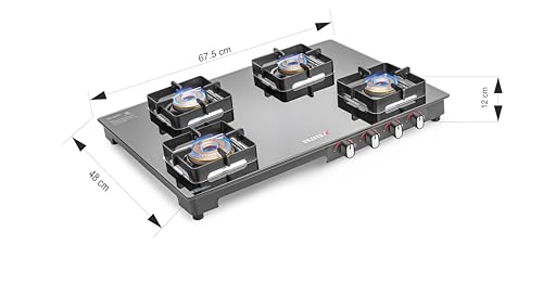 Image of Sujata Regal Manual Gas Stove 4 Burners Glass Top | 9 Years Warranty | Gas Stove with Jumbo Brass Burners | SABAF Technology | ISI Certified | LPG & PNG Compatible | 360 Rotating Brass Nozzle (Black)