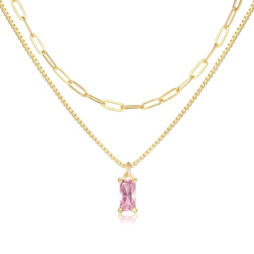 Pls Back Dainty Gold Charm Necklaces for Women Non Tarnish 14K Trendy Blue Green Cubic Zirconia Emerald Pendant Birthstone Necklaces Birthday Gifts for Women Waterproof Jewelry October(Tourmaline)
