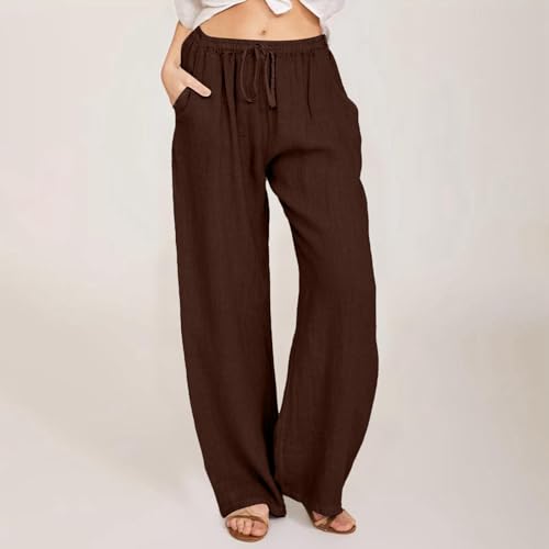 generic Women's Casual Linen Pants Summer Drawstring Elastic Waist Wide Leg Pants Cotton Lounge Trousers with Pockets2
