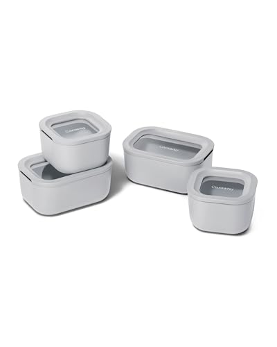 Caraway Mini Food Storage 9pc Set - Glass Storage Containers for Food - Non-Toxic Ceramic-Coated Glass - Air Release Technology - Compact & Stackable Design - Gray