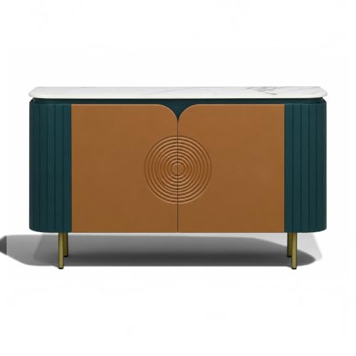 Image of Solid Wood Mandala Sideboard Cabinet with Sintered Stone Top for Living Room | Premium Acrylic Emerald Green and Terracotta Brown with Soft Close Hinges