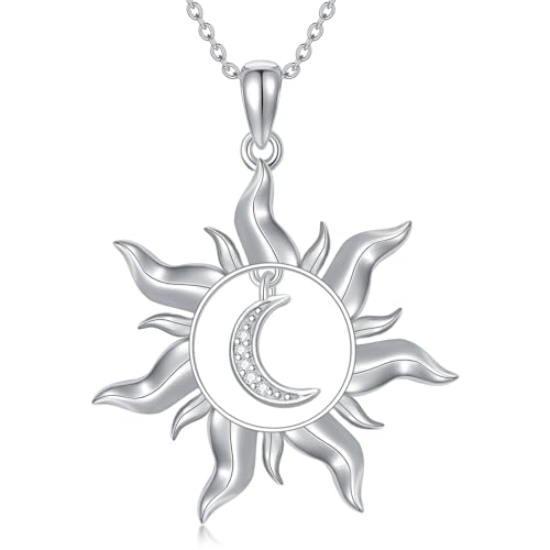Diamond Sun Necklace 925 Sterling Silver Sun and Moon Pendant Necklace Dainty Jewelry Gifts for Women