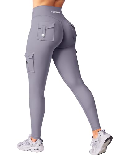 YEOREO CoreFlex Gym Workout Cargo Leggings with Pockets for Women Hidden Scrunch Butt Lifting Yoga Leggings Grey Blue S