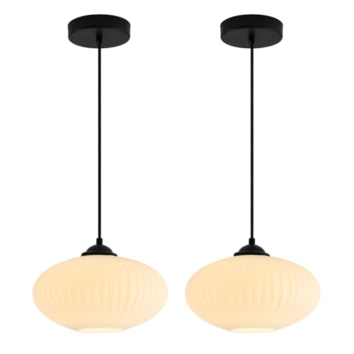 KCO 2 Pack Matte Black Lantern Pendant Light with 9.8” White Ribbed Glass
