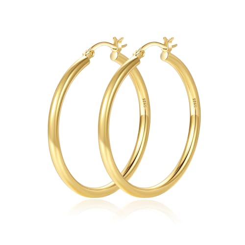 OOOPEL 3mm Gold Hoop Earrings For Women Hollow Tube 14k Gold Plated Hypoallergenic 925 Sterling Silver Post Lightweight Silver Hoop Earrings 30/40/50/60/70mm