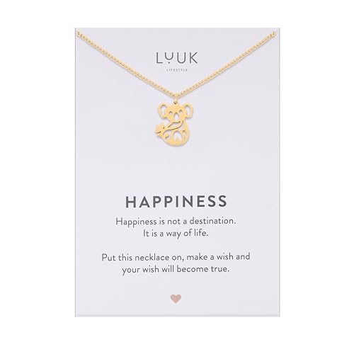 LUUK LIFESTYLE Collier femme avec pendentif koala carte HAPPINESS en acier inoxydable (50 cm), idée cadeau pour elle, anniversaire, porte bonheur, bijoux...
