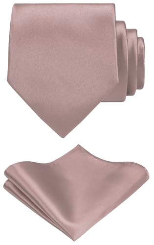TIE G Solid Satin Woven dyed Color Formal Black Necktie and Pocket Square Sets in Gift Box (Rosy Tan)