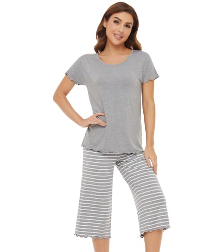 Image of NACHILA Women's Bamboo Viscose Pajama Sets Summer Cooling Short Sleeve Capri Soft Pjs Night Sweats Moisture Wicking Sleepwear