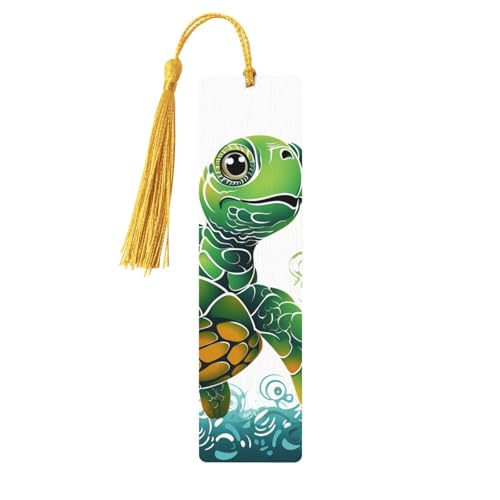 タッセル付き木製しおり ヴィンテージ木製ブックマーク カートゥーンタートルパターン ファンシーハンドメイド クラフトブックマーク 読書ページマーカー 木製ハンギングタグ オーナメント 本好き向け