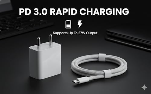 Image of KAIMENGLONG 20W PD Rapid Charger with USB-C to USB-C Braided Cable Compatible for iPhone 16 /15 & iPad 10th Gen Original Charging Speed (White)