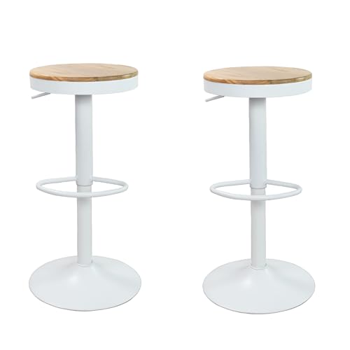 Vaukura Taburetes Cocina, Juego de 2 Taburetes de Bar Giratorios con Reposapiés, Altura Ajustable, Asiento de Madera, Base Metalica, Griratorios 360º, Pistón de Gas (Blanco) (Pack 2)