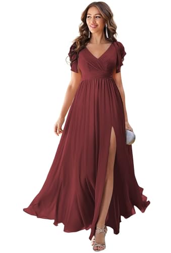 Women's V Neck Chiffon Bridesmaid Dresses with Flutter Sleeves High Slit Pleated Formal Dress with Pockets DK002