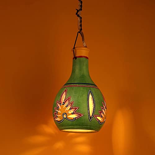 Image of Aakriti Art Creations Emerald Gourd Handcrafted Hand-Painted Terracotta Pendant Lamp for Living Room Ceiling | Hanging Lights for Bedroom and Dining Table | Modern Hanging Lights | Pendant Lamp Decor