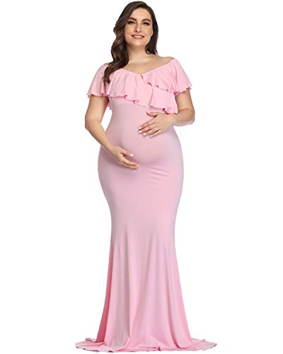 Image of YnimioAOX Maternity Long Dress Ruffles Elegant Maxi Photography Dress Stretchy Slim Gowns for Photoshoot