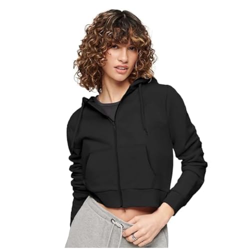 Image of Rabboni Women's Crop Fleece Hoodie Jacket | Full Sleeve Zip-Up Hooded Sweatshirt for Women & Girls | Soft Warm Casual Winter Wear Crop Hoodie