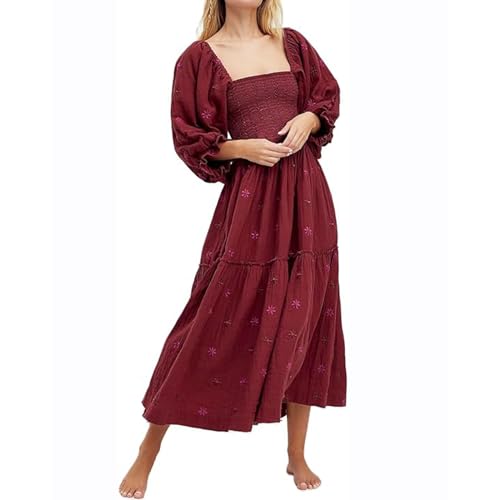 ABYOVRT Women Floral Embroidered Maxi Dress Long Puff Sleeve Square Neck Bohemian Flowy Dress with Pockets Summer Fall (Dark red,M)