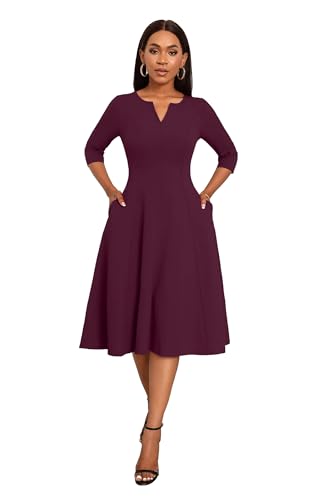 Image of Nmoder Midi Dresses for Women A-Line Fit and Flare Dress 3 /4 Sleeve V Neck Cocktail Wedding Guest Work Dress with Pockets