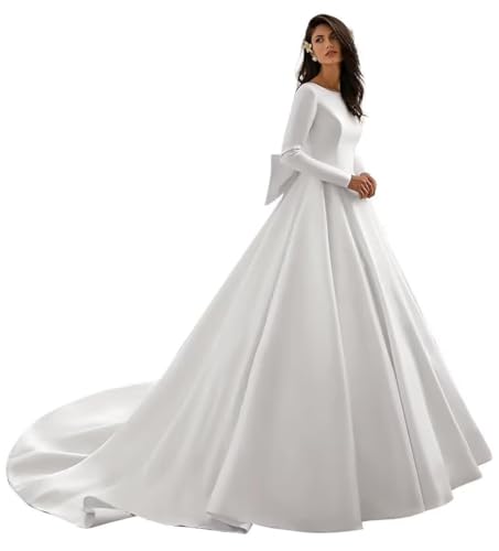 THBOEER Satin Long Sleeves A Line Ball Gown Wedding Gown