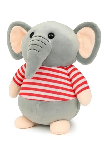 Image of Fun4you Plush Elephant Stuffed Animal Toy with Blue Striped T-Shirt, Soft Toy for Kids, Grey (red)
