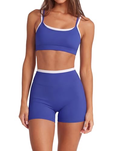 SUUKSESS Women 2 Pieces Workout Sets Padded Spaghetti Straps Tank Tops High Waist Biker Shorts Gym Yoga Active Wear Matching Sets (Blue M)