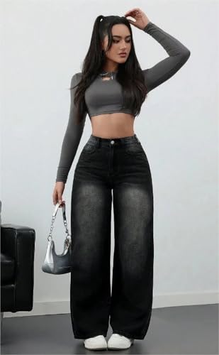 Image of Women's High Waist Baggy Wide Leg Jeans for Women - Loose Fit Washed Black Denim Pants with Straight Palazzo Style, Relaxed Streetwear Korean Trousers