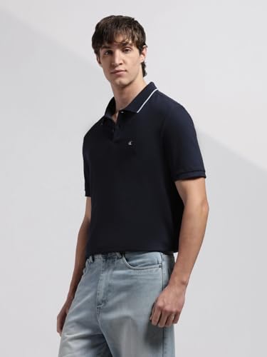 Image of Calvin Klein Jeans Solid Regular Fit Cotton Polo T-Shirt Breezy Blue